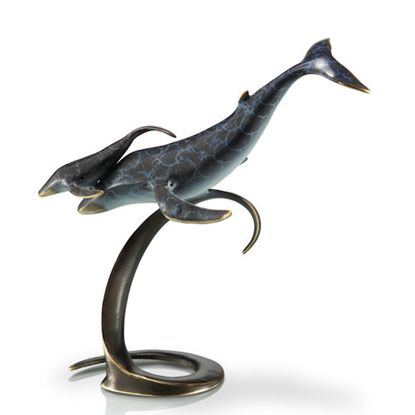 statue of Contemporary Whale Duo Sculpture swimming on a curling modern wave
